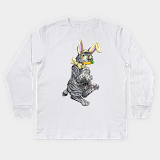 Bobtail BunnyCat: Grey Tabby (Yellow) Kids Long Sleeve T-Shirt